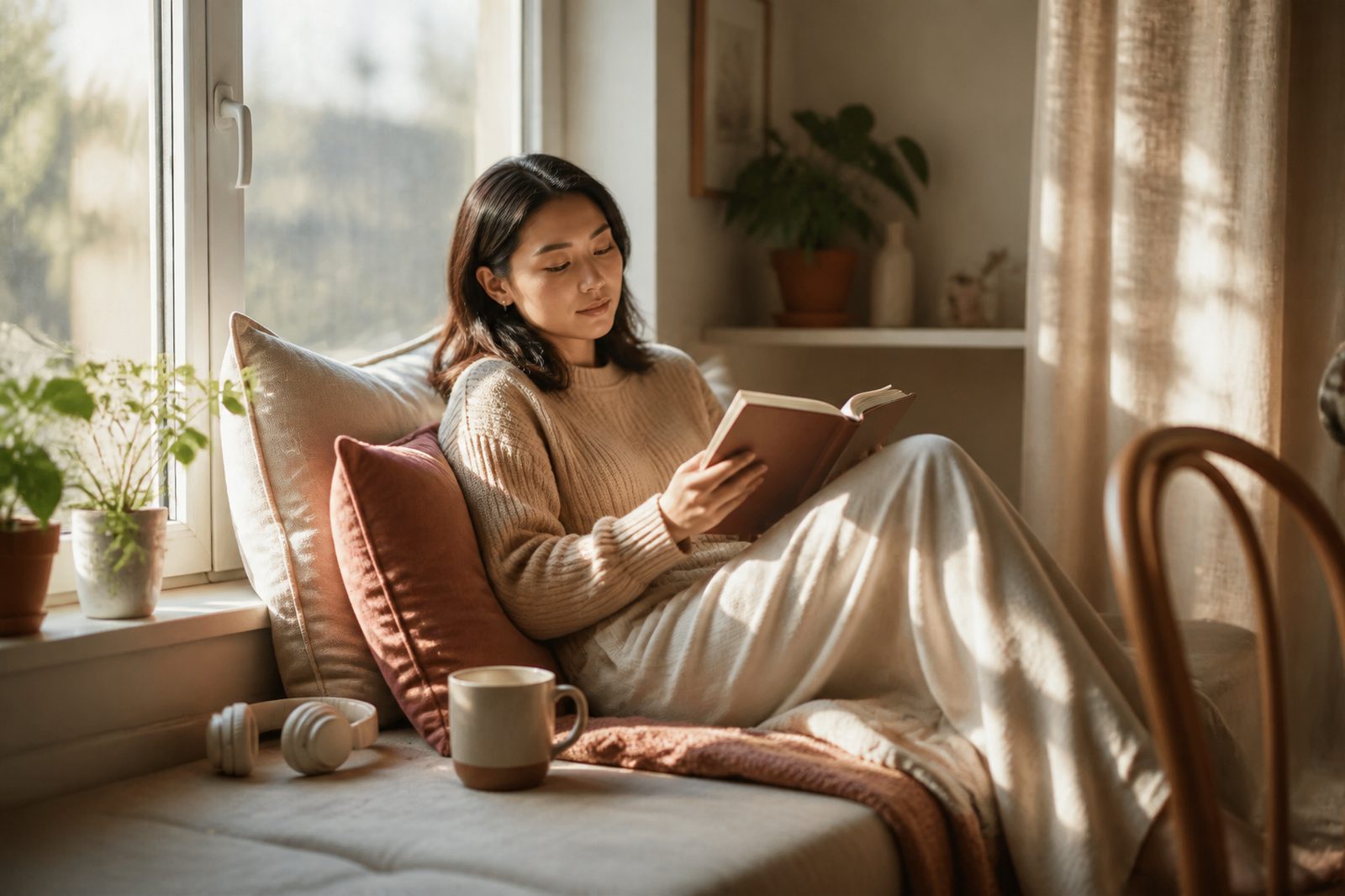 A woman reading from a small notebook on a cushioned window seat in soft morning light, headphones beside her.
