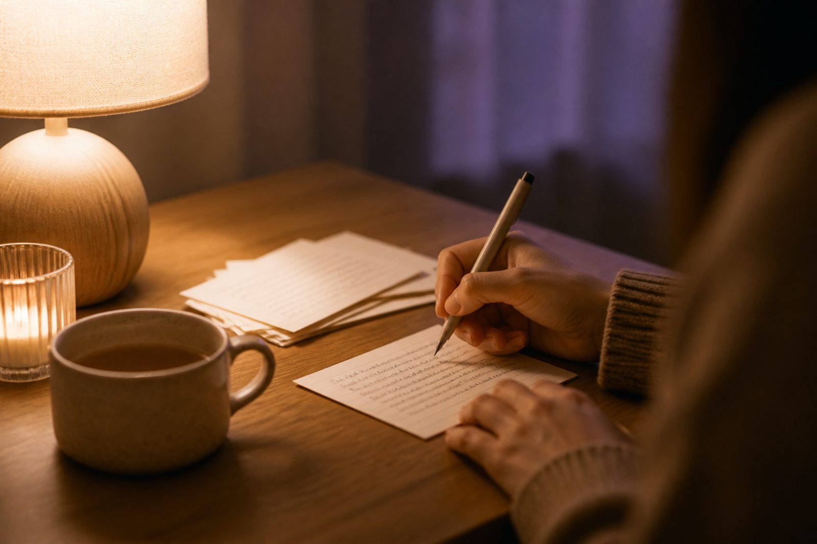 A hand writing on a small cream index card beside a stack of finished cards, a cup of tea and a candle.