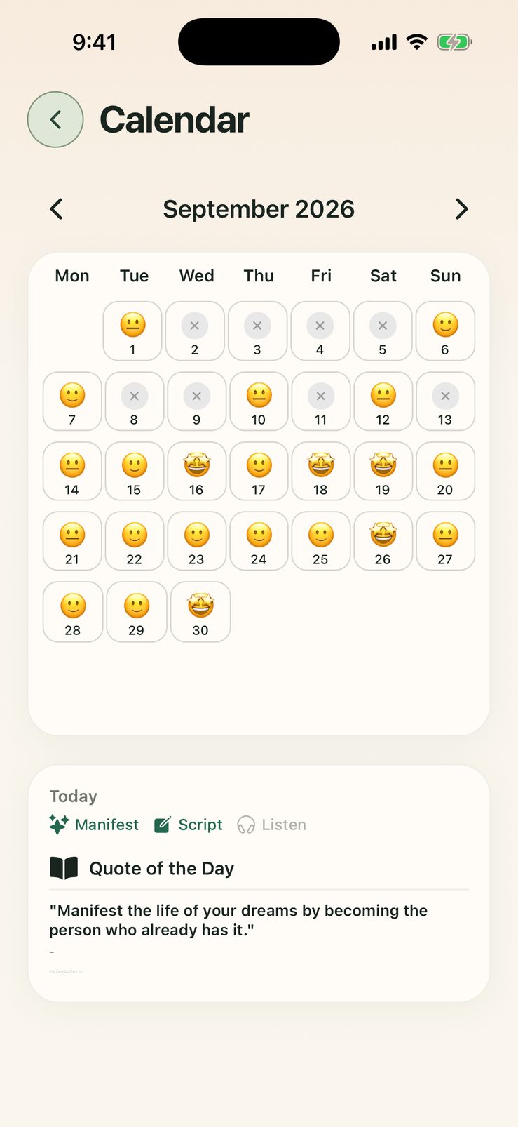 SelfStudio app calendar showing a month of practice days and the current streak