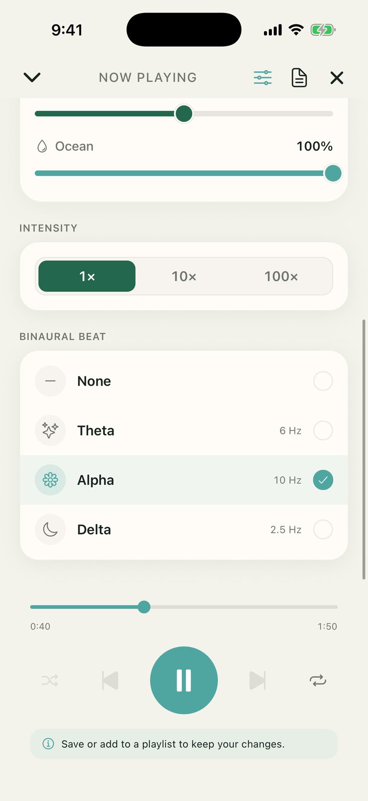 SelfStudio app subliminal mixer showing intensity layering at 1x, 10x and 100x with binaural beat options