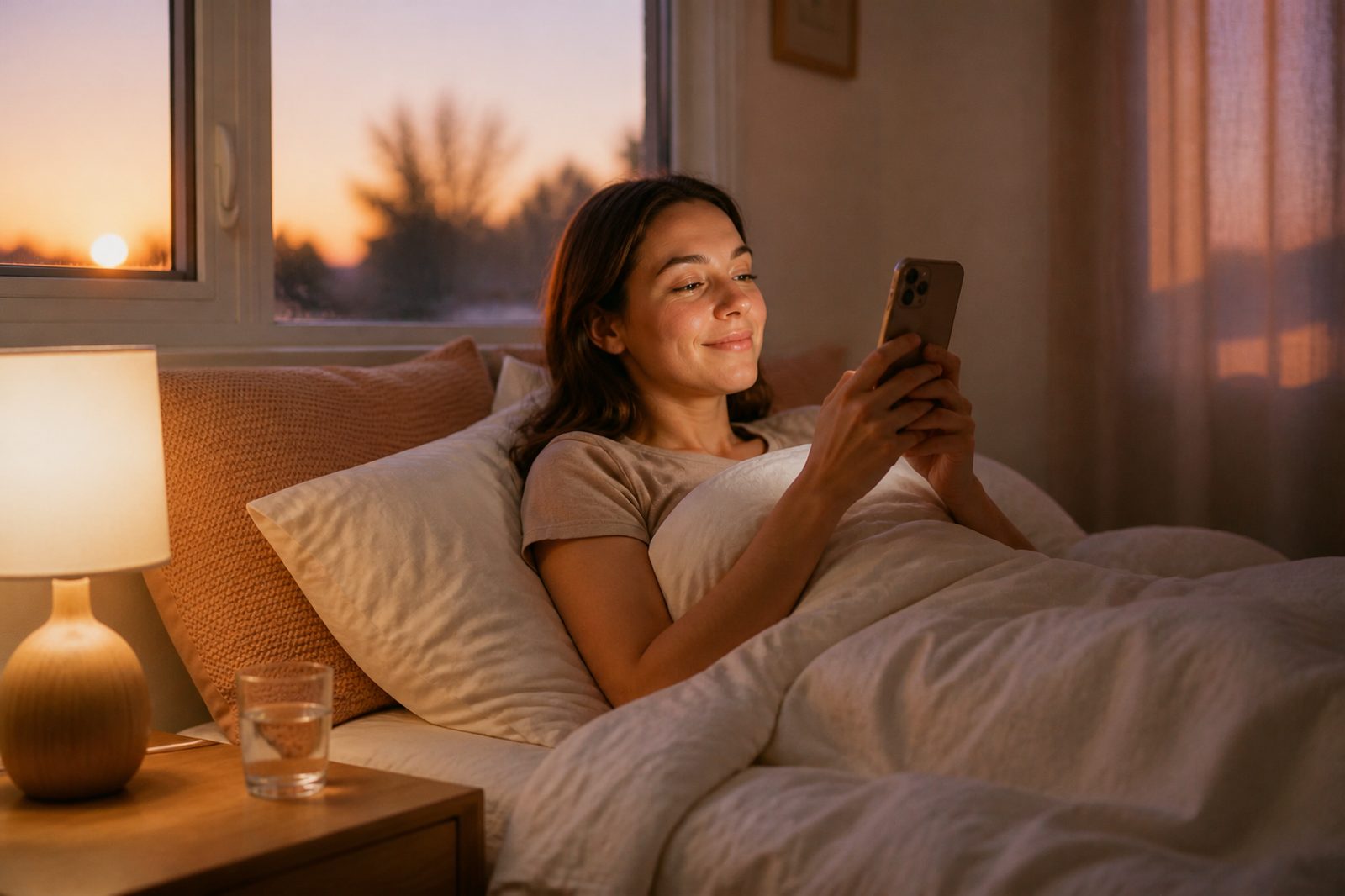 A woman sitting up in bed at sunrise, smiling as she watches a short video on her phone.