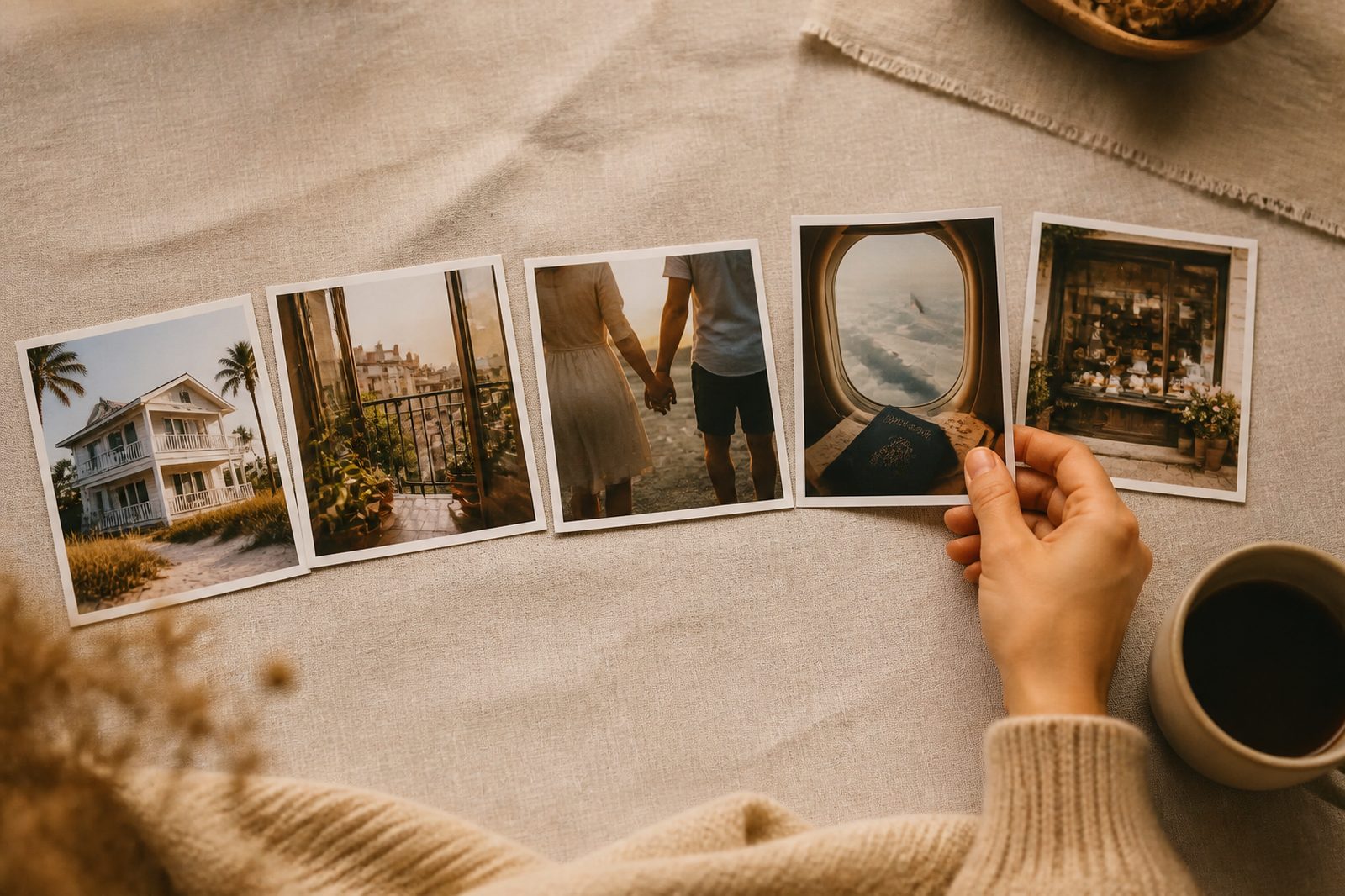 Printed photos of dream goals spread on a linen tablecloth: a beach house, a city balcony, a couple holding hands, a plane window and a bakery.
