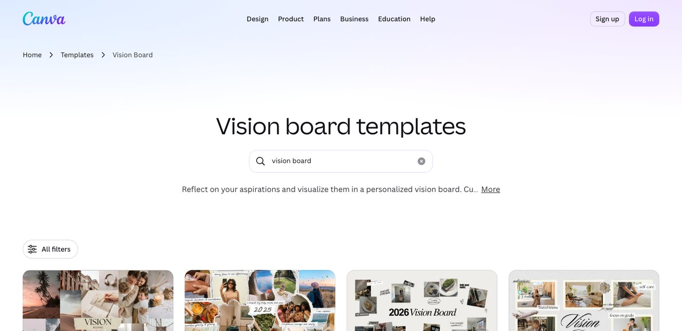 Canva’s vision board templates page showing collage templates with travel, home and lifestyle photos.