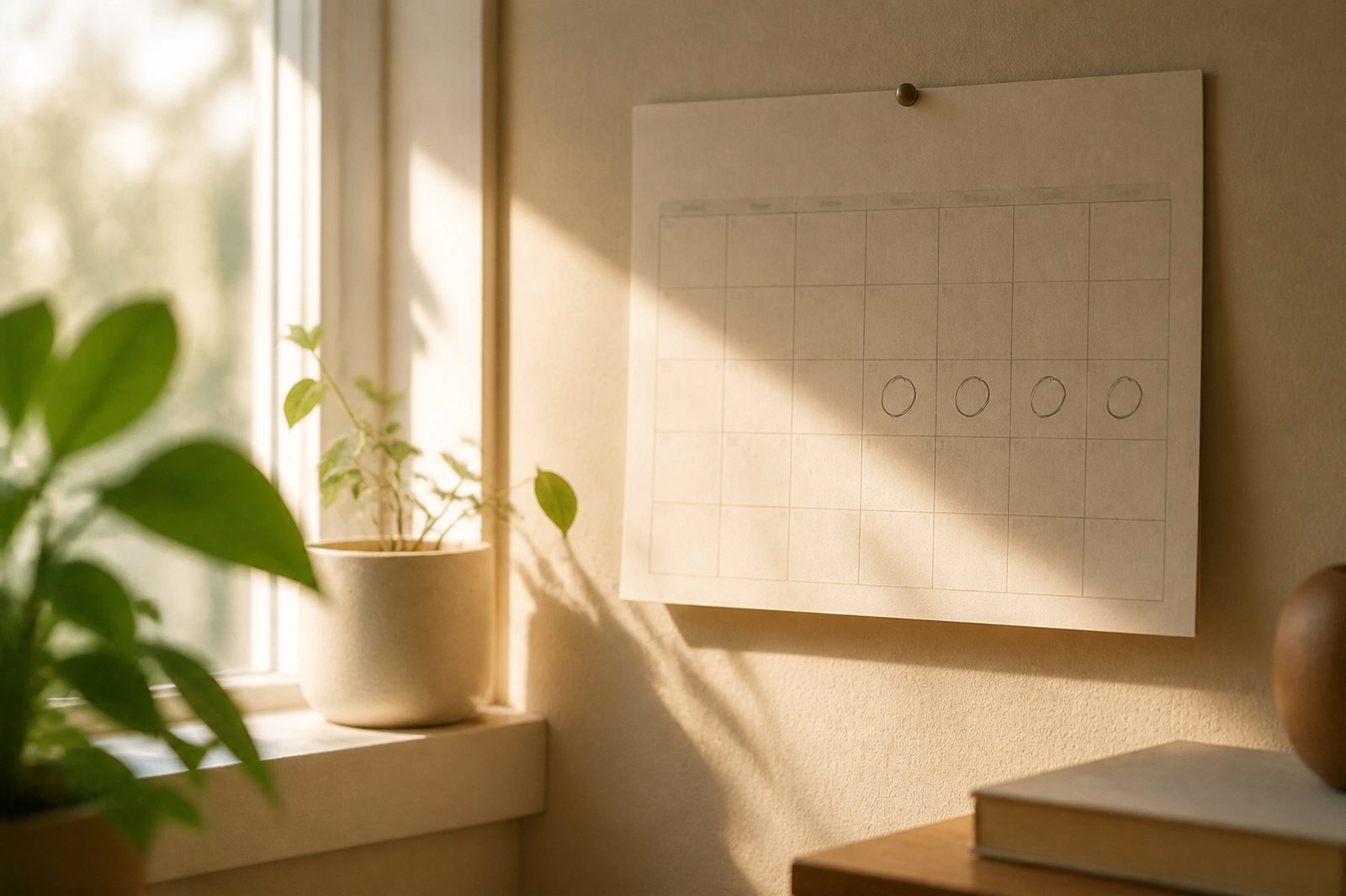 A paper wall calendar beside a sunny window with a few consecutive days circled in pencil.