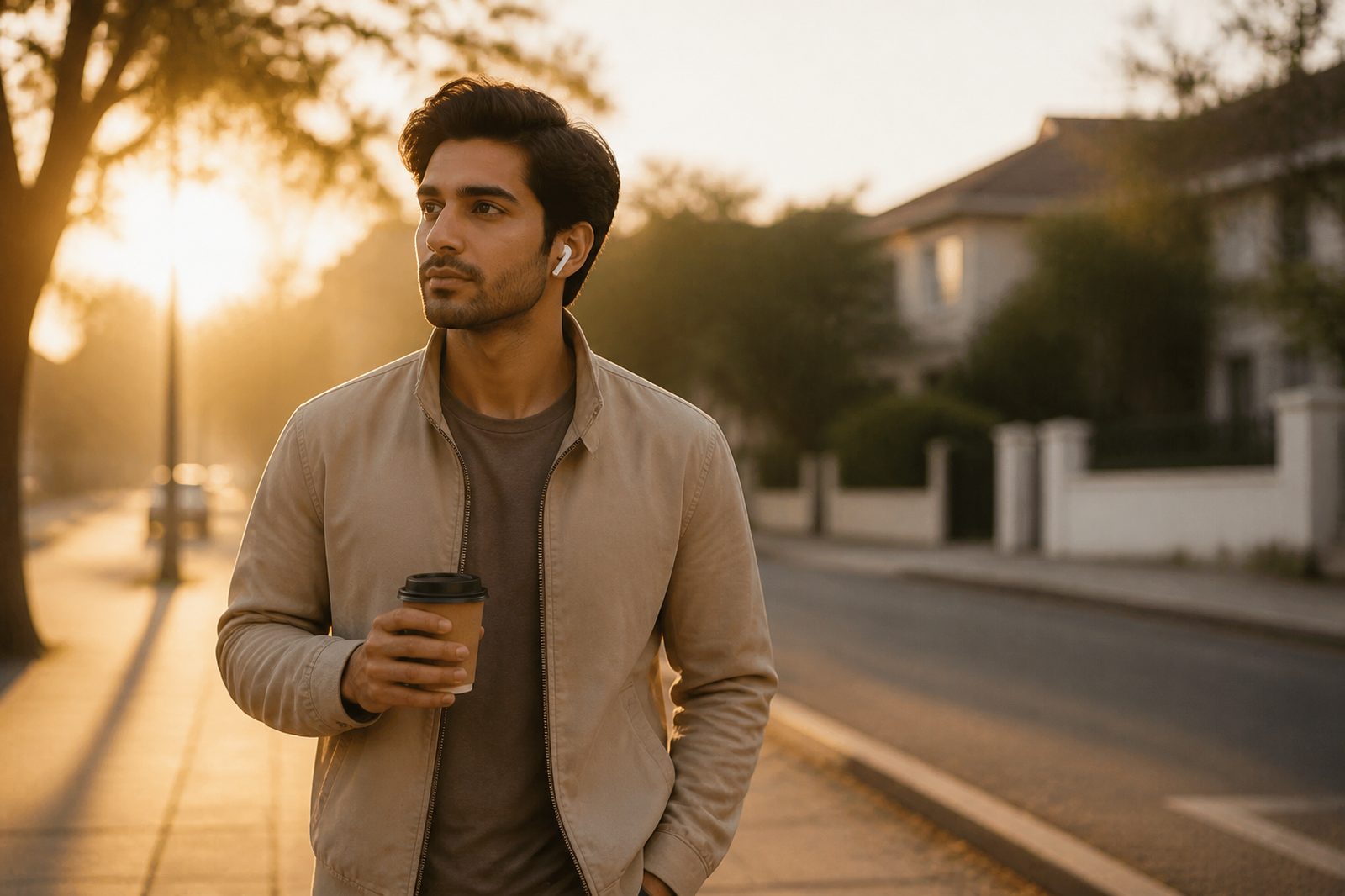 A man walking along a quiet street at sunrise wearing wireless earbuds and holding a coffee.