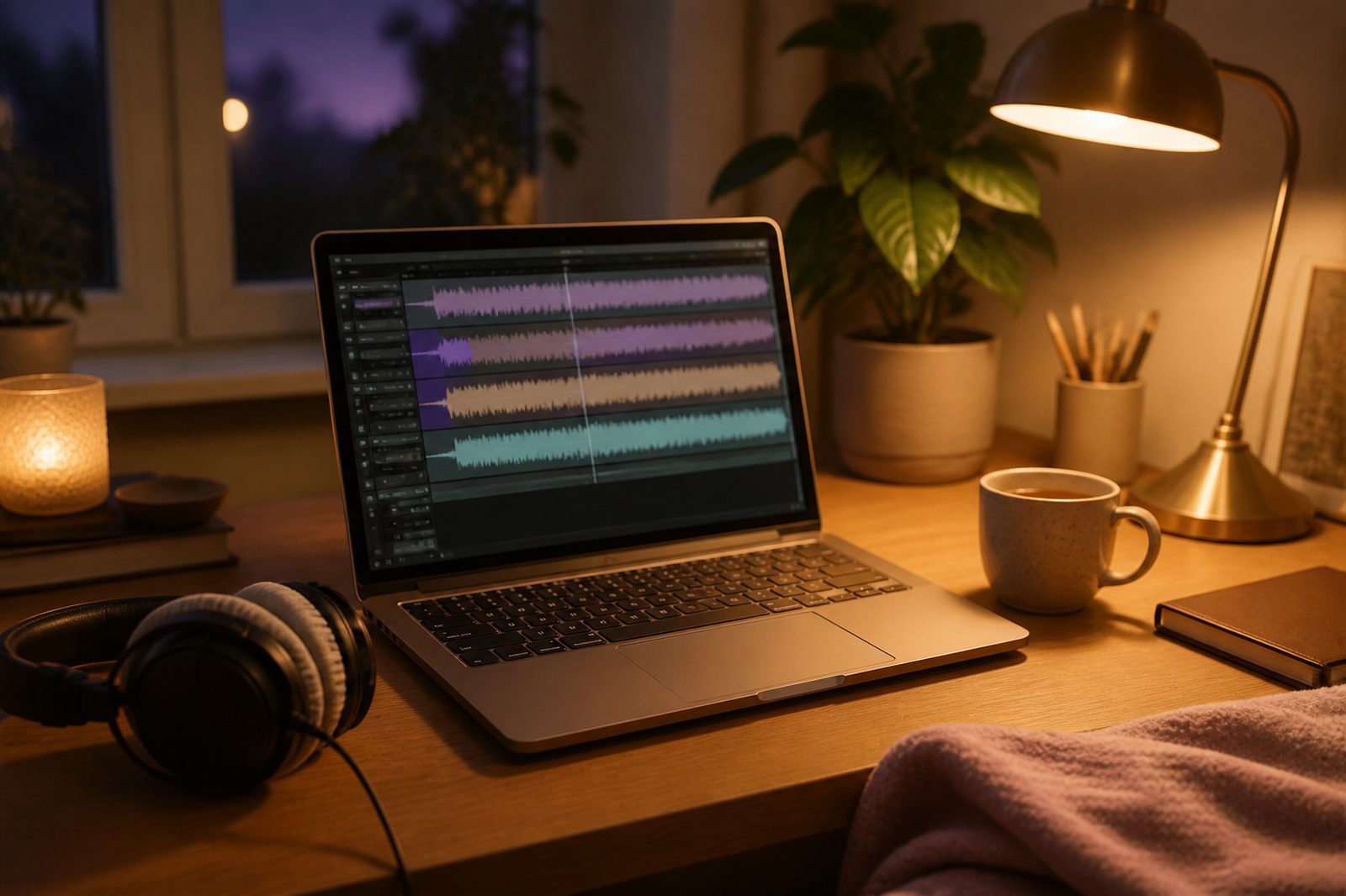 A laptop on a wooden desk at night showing an audio editor with several stacked waveform tracks, headphones and a cup of tea beside it.