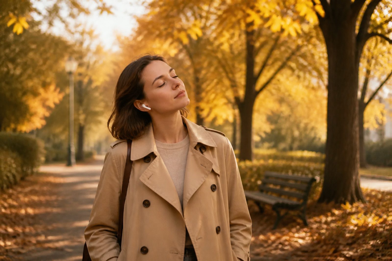 A woman in a beige trench coat walking through an autumn park in golden light, wearing small wireless earbuds.