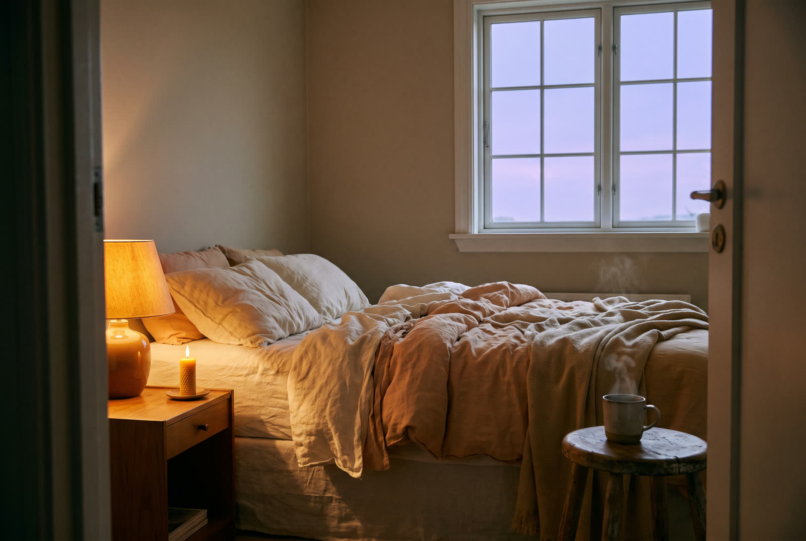 A cozy bedroom at dusk, a candle and warm lamp lit, a lavender sky through the window.