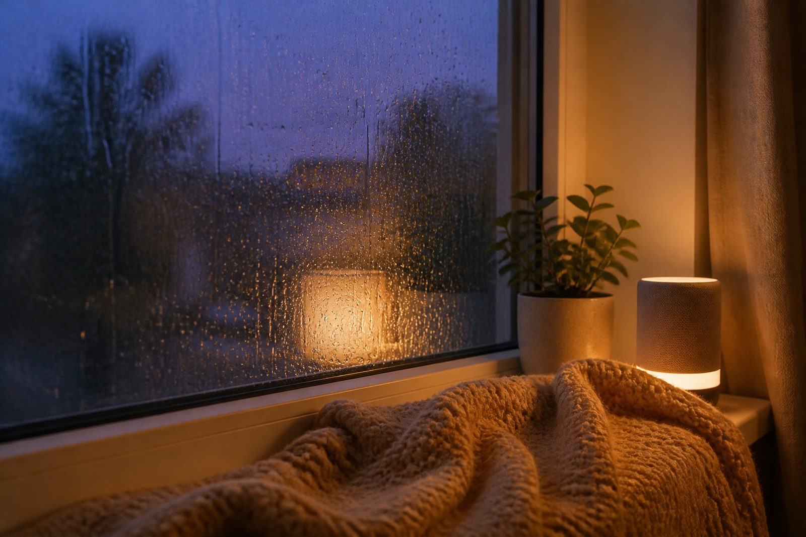 Rain running down a bedroom window at blue hour, warm lamp light reflected in the glass, a knit blanket and a small speaker on the sill.