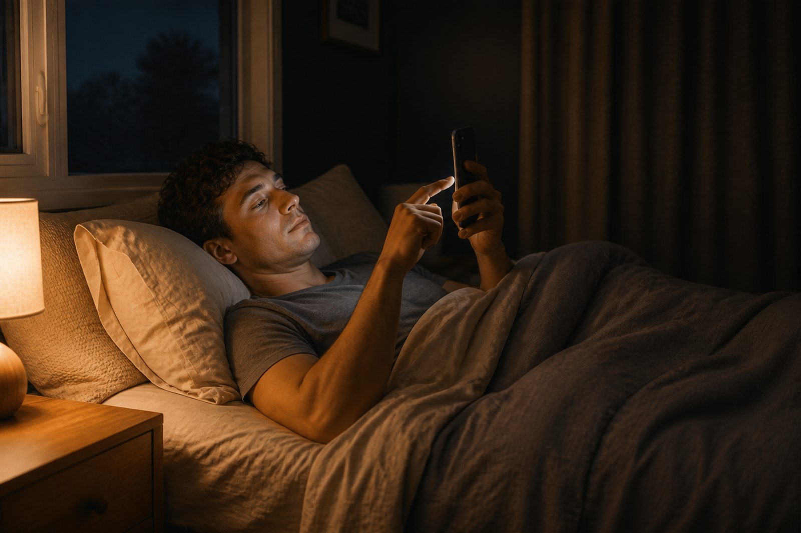 A man lying in bed at night tapping his phone to set a timer, lit by a dim amber lamp.