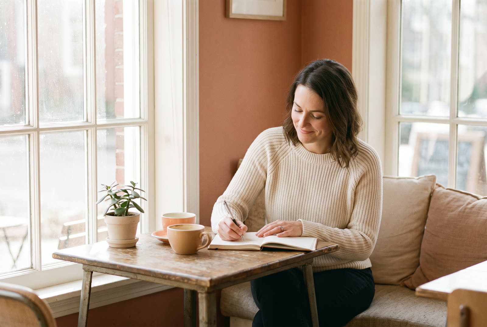 A woman writing in a notebook at a café table with two coffee cups, smiling to herself.