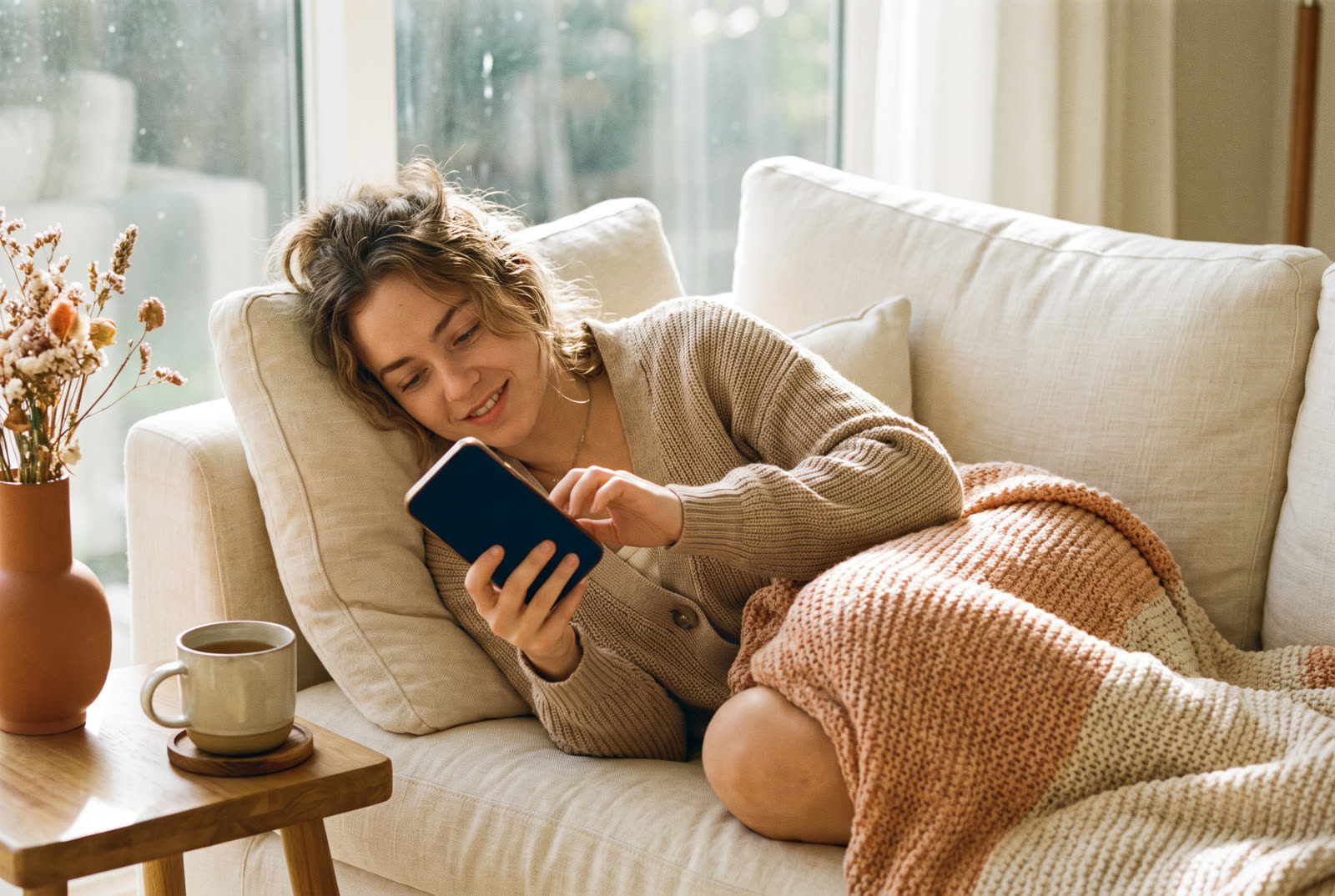 A woman relaxing on a linen sofa, glancing at her phone with a calm, quietly happy smile.