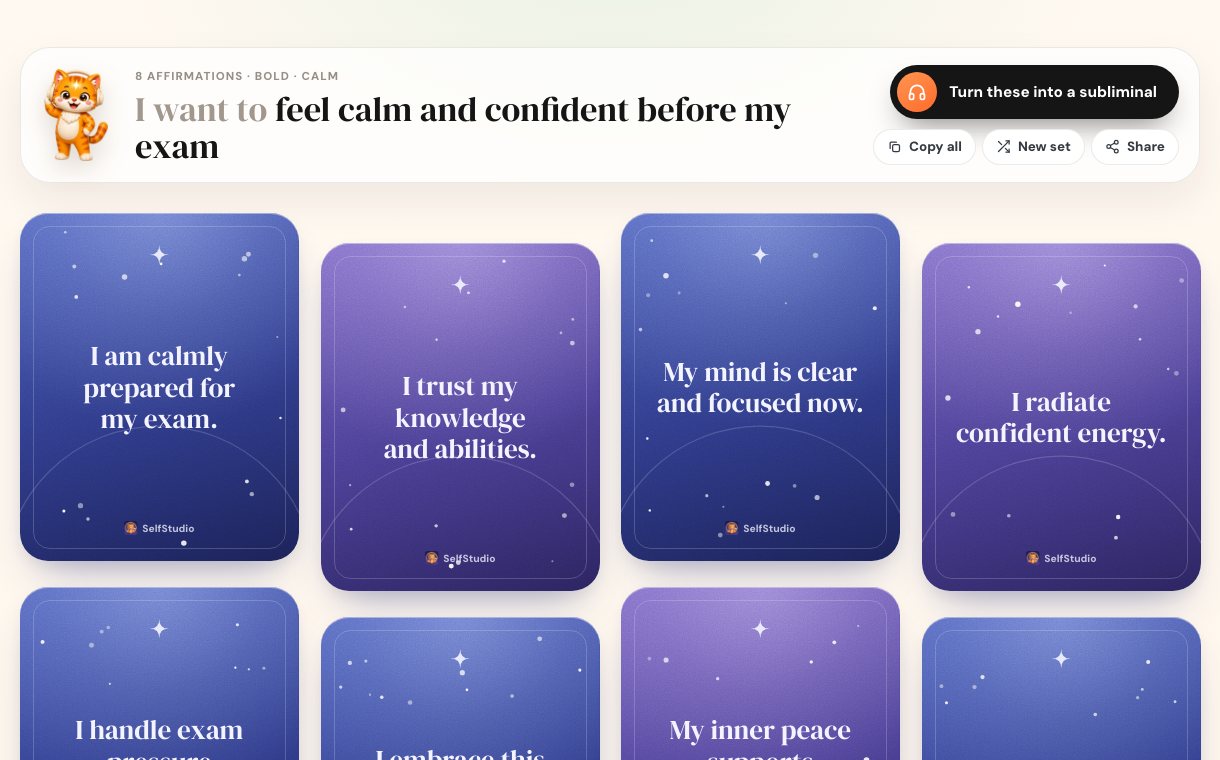 The free SelfStudio affirmation generator turning the goal feel calm and confident before my exam into a deck of affirmation cards.