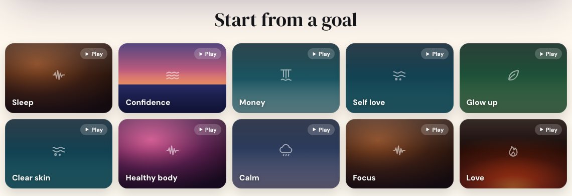 Ten ready-made subliminals in the free SelfStudio subliminal maker: sleep, confidence, money, self love, glow up, clear skin, healthy body, calm, focus and love.