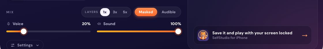 The free SelfStudio subliminal maker mix controls: Layers 1x, 3x and 5x, Masked and Audible, and the Voice slider at 20 percent with Sound at 100 percent.