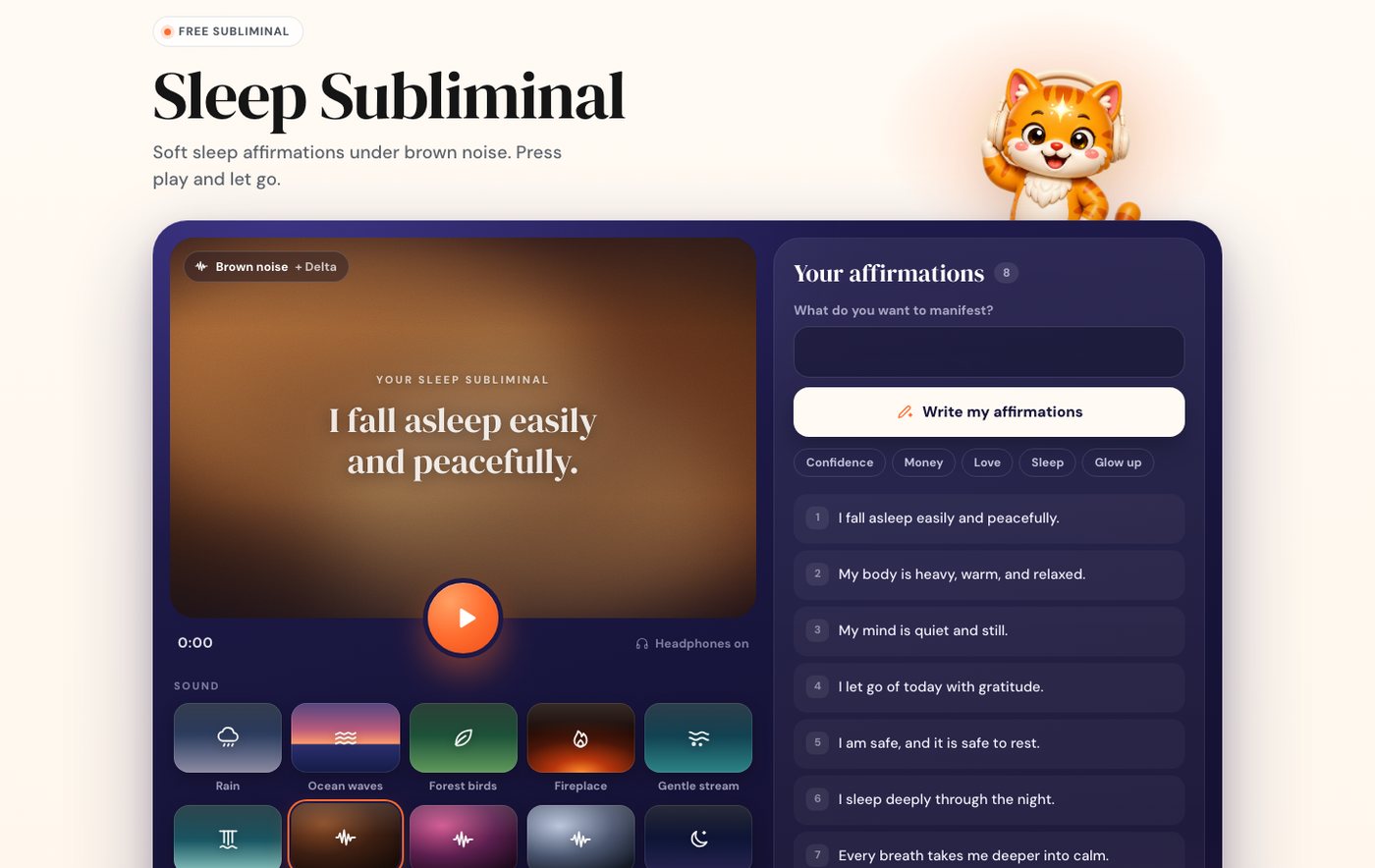 The free SelfStudio sleep subliminal: soft sleep affirmations under brown noise with a delta layer, ready to play.