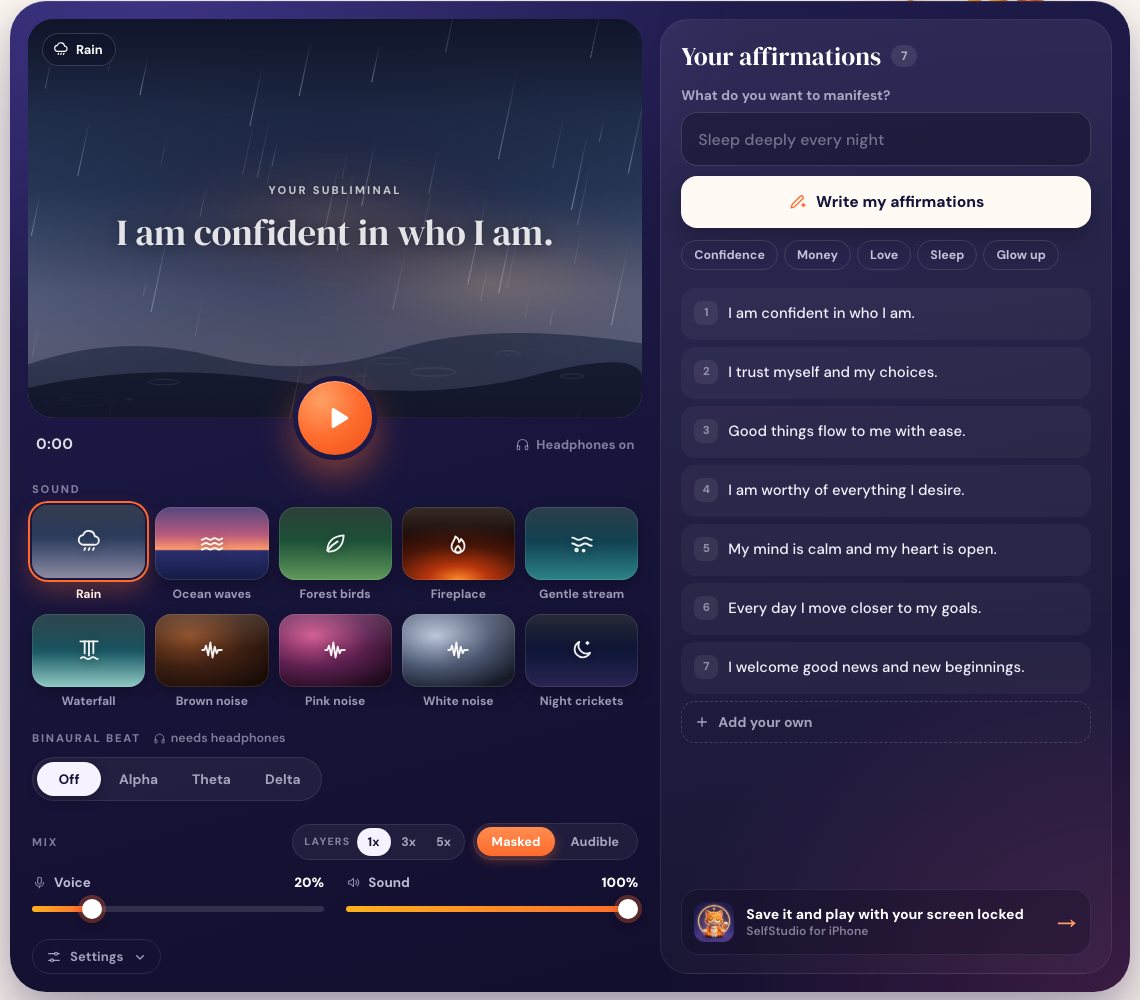 The free SelfStudio subliminal maker: a rain scene with the current affirmation shown as a caption, sound tiles, binaural options, mix controls, and an editable list of affirmations.