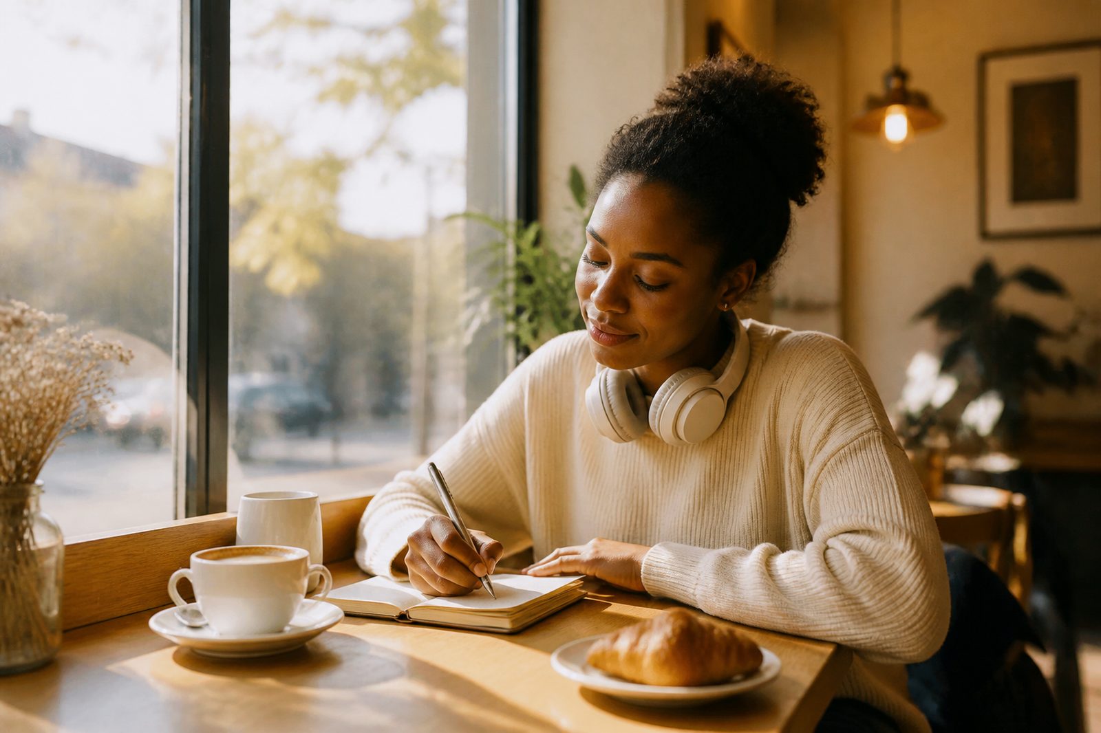 A woman at a sunny café window with headphones around her neck, writing in a small notebook beside a flat white.