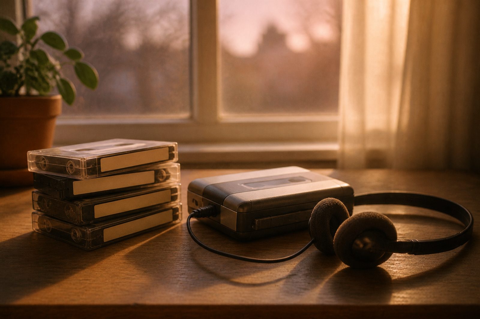 A stack of early 1990s cassette tapes with blank labels next to a portable cassette player and foam headphones in warm window light.
