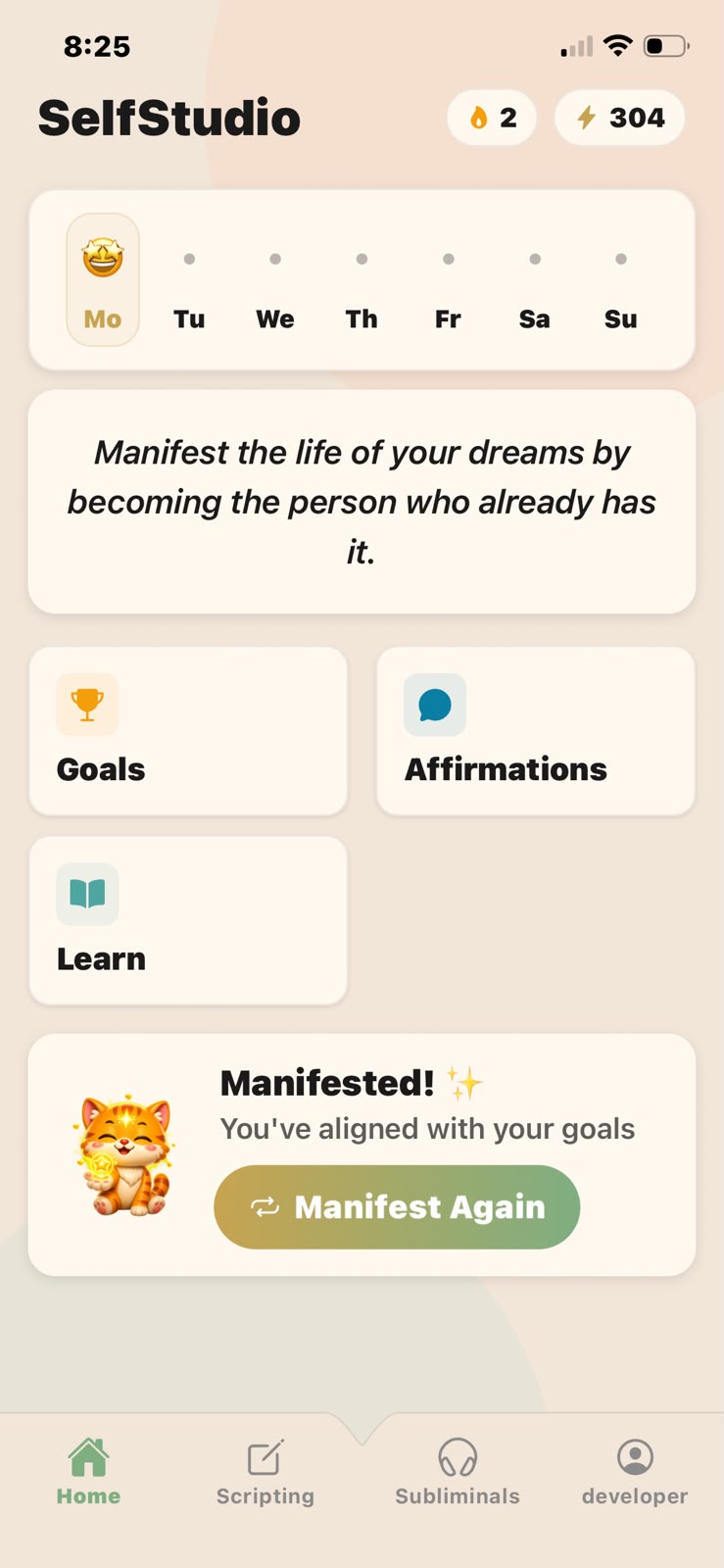 SelfStudio home screen with the five-minute daily manifestation ritual